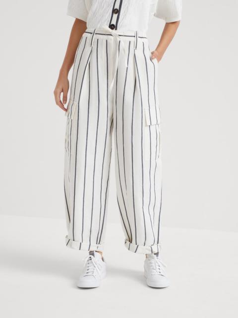 Striped linen and cotton baggy cargo trousers with monili