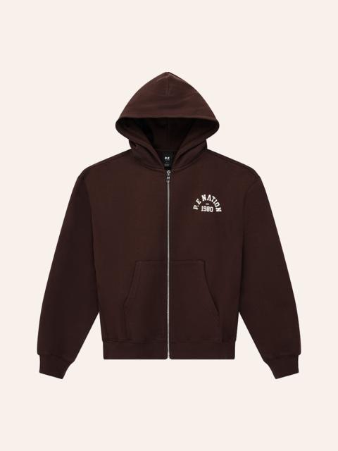 P.E NATION ESTABLISHED ZIP THRU HOODIE IN MAHOGANY