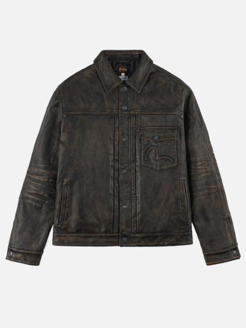 EVISU Seagull 3M Thinsulate™ Insulated Faded Leather Trucker Jacket