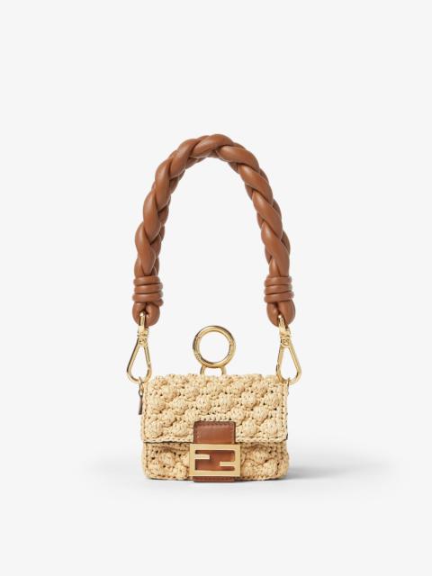 FENDI Nano Baguette Maxi Handle Charm Beige straw and brown nappa leather charm