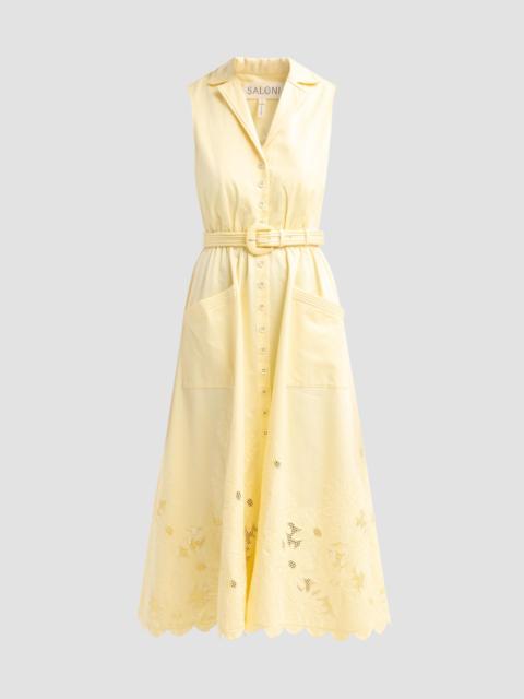 SALONI Women's Kirat Daisy-Embroidered Belted Midi Shirtdress - Soft Lemon Embroidered