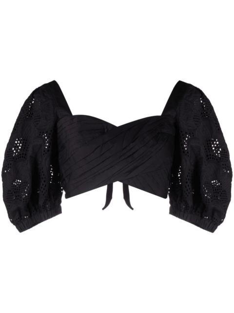 self-portrait lace puff-sleeves crossover cropped top