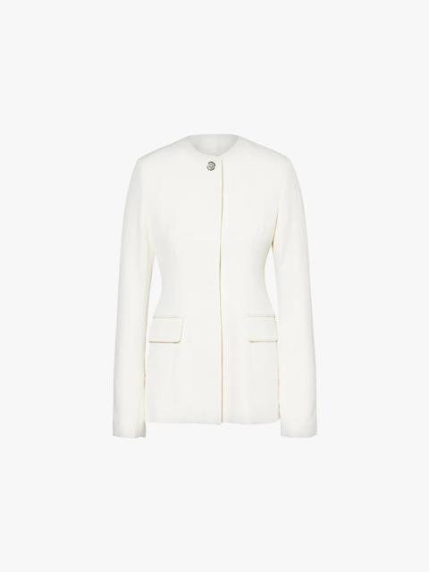 Collarless button-front woven jacket