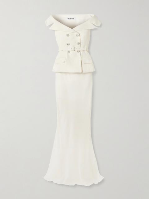 self-portrait Off-the-shoulder Belted Metallic Bouclé And Crepe Maxi Dress