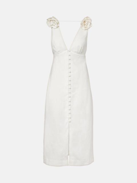 FARM RIO Floral-appliqué linen midi dress
