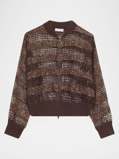 Brunello Cucinelli Sparkling Sequin Net Knit Bomber Jacket