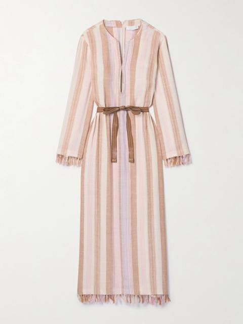 Zimmermann Lucky belted tasseled striped voile midi dress Beige