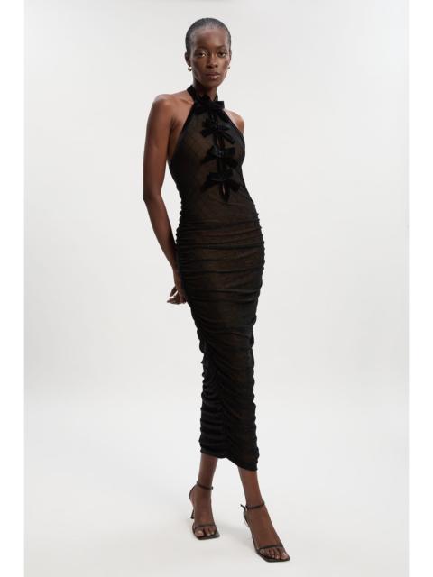 KAREN MILLEN Mesh With Velvet Bow Trim Detail Halter Neck Midi Dress