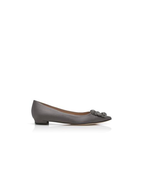 Grey Satin Jewel Buckle Flat Pumps