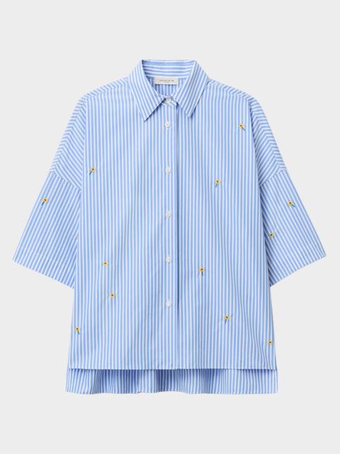 Lafayette 148 New York Striped Floral-Embroidered Cotton Shirt