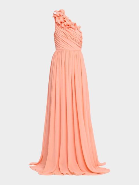 BADGLEY MISCHKA Pleated One-Shoulder Georgette Gown