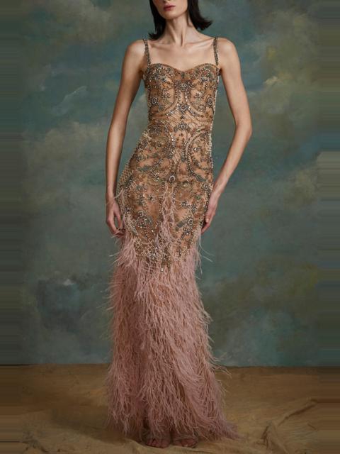 Marchesa Corset Crystal Feather Gown