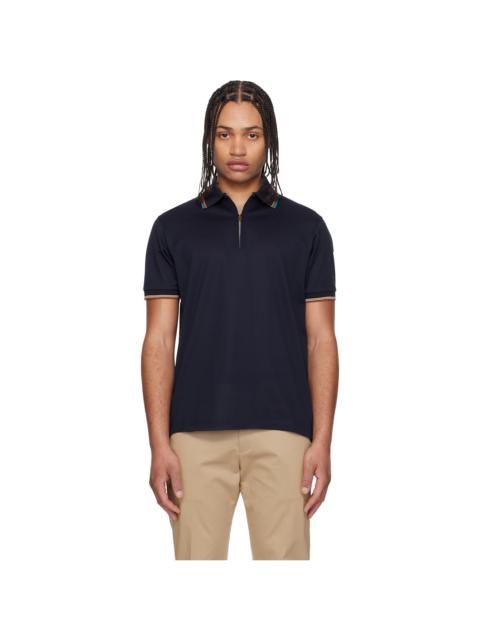 Paul Smith Navy Cotton 'Signature Stripe' Trim Zip Polo Shirt
