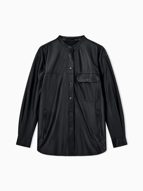 EMPORIO ARMANI LEATHER SHIRT WITH STAND-UP COLLAR AND SNAP BUTTONS