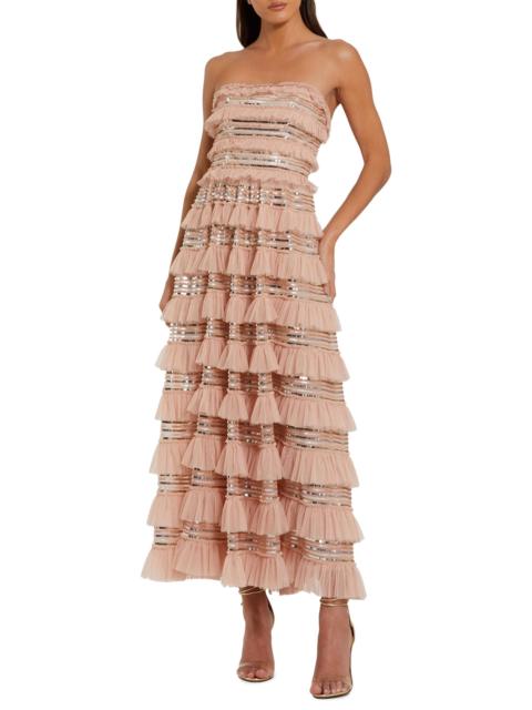 MAC DUGGAL Women's Sequin-Striped Ruffled Mesh Strapless Maxi Dress - Porcelain