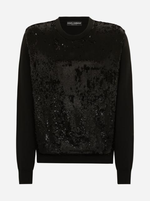 Round-neck wool and silk sweater with sequins
