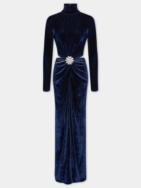 rabanne LONG BLUE VELVET DRESS WITH JEWELLED BELT