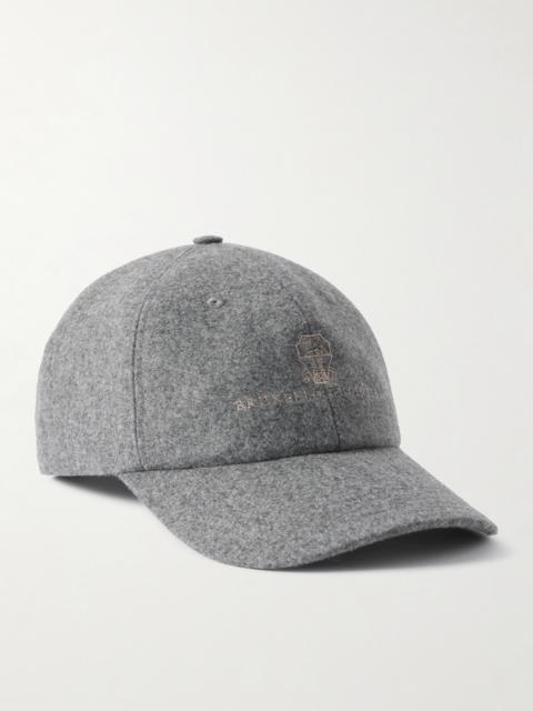 Brunello Cucinelli Logo-Embroidered Leather-Trimmed Wool-Flannel Baseball Cap