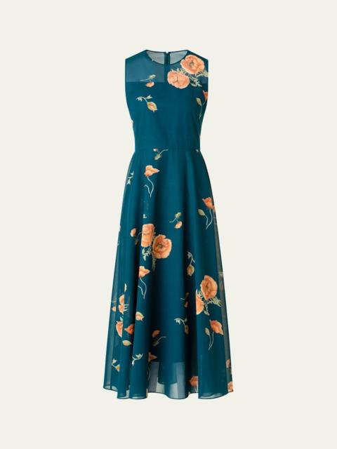 AKRIS Anemone Print Belted Fit-and-Flare Voile Dress