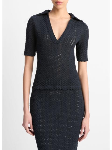 Vince Textural Cotton Elbow-Sleeve Polo Top