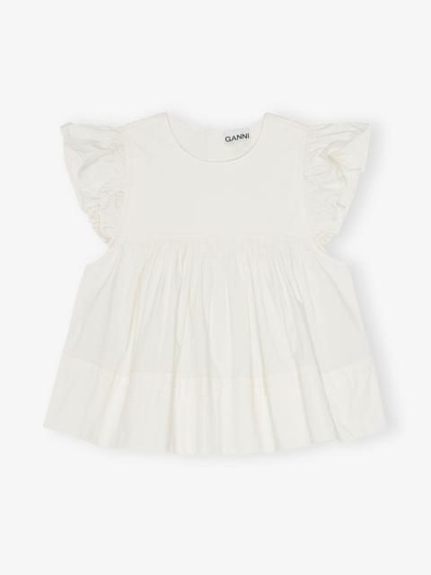 GANNI WHITE STRETCH COTTON FRILL SLEEVE TOP