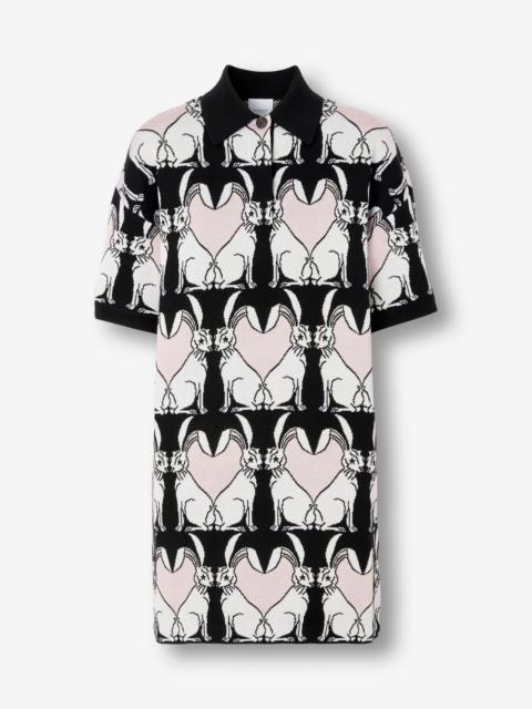 Burberry Rabbit Motif Wool Blend Jacquard Polo Shirt Dress