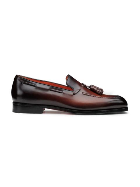Santoni Men's dark brown leather tassel loafer