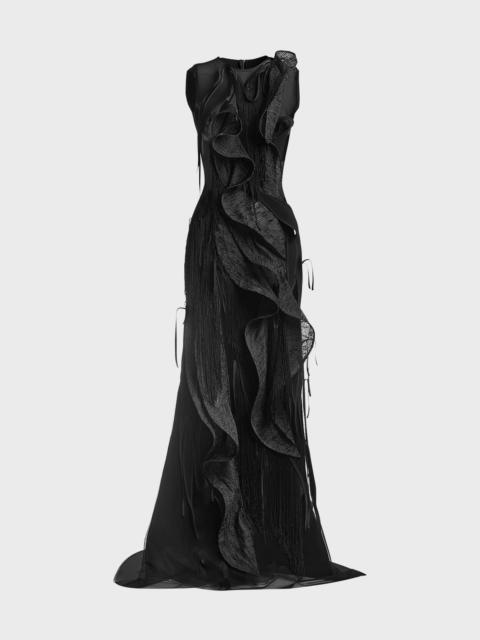 Hedone Sheer Fringe Ruffle Gown