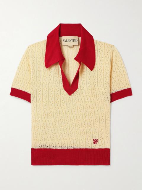 Valentino Pointelle-knit linen-blend polo shirt Ecru