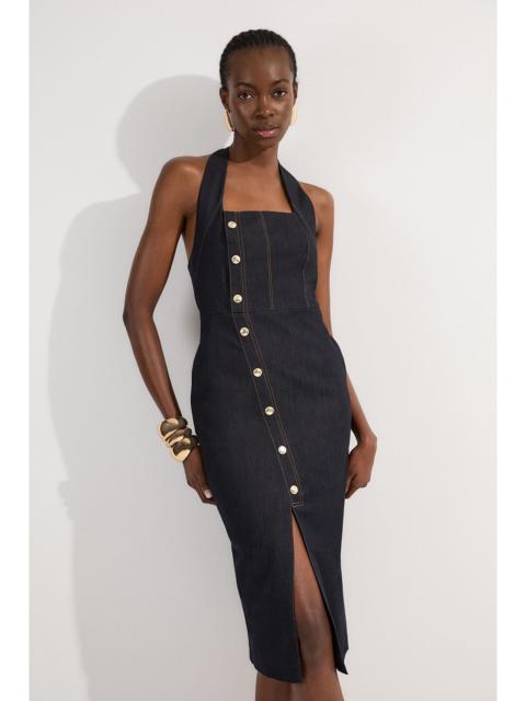 KAREN MILLEN Tailored Denim Halter Neck Pencil Midi Dress