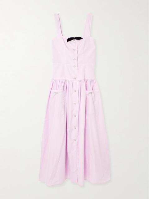 Alessandra Rich Bow-detailed Velvet-trimmed Gathered Cotton-poplin Midi Dress