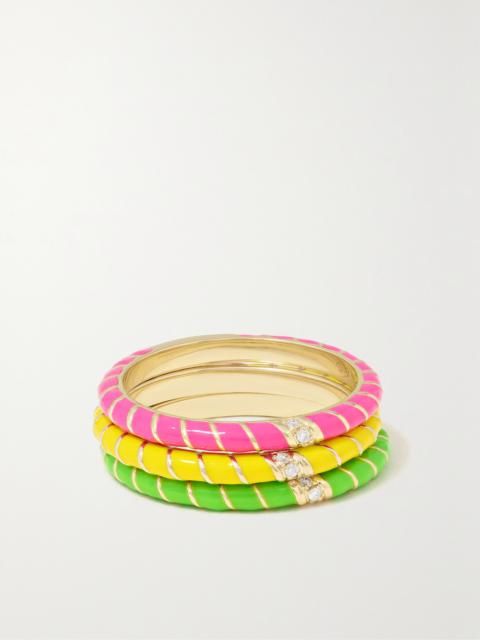 Yvonne Léon Alliance Set Of Three 9-karat Gold, Enamel And Diamond Rings