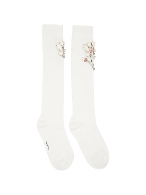 Simone Rocha White Poppy Crystal Flower Ribbed Knee Socks