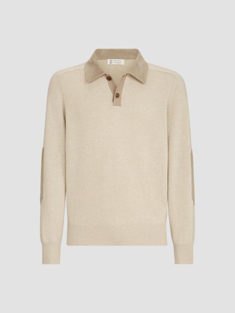 Brunello Cucinelli Men's Cashmere Knit Polo with Suede Collar - Sand
