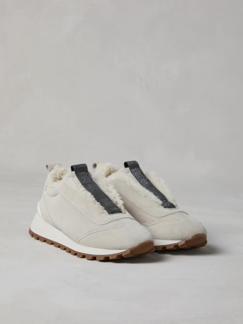 Suede runners with shearling lining and precious detail