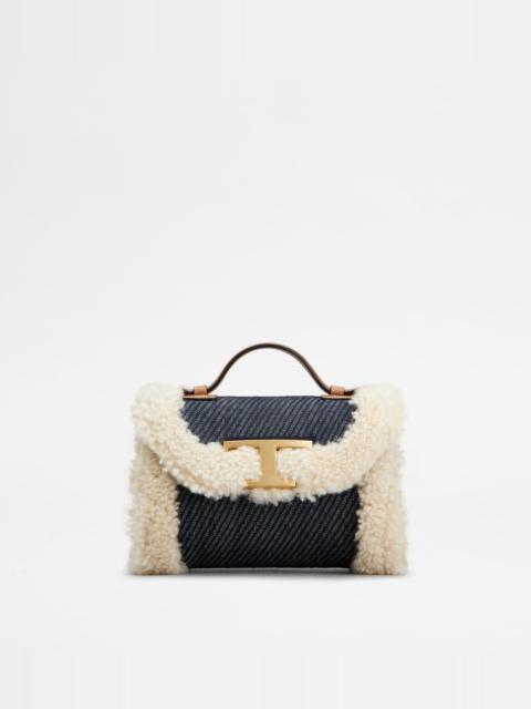 Tod's T TIMELESS CROSSBODY BAG IN DENIM AND SHEEPSKIN MICRO - OFF WHITE, BLUE