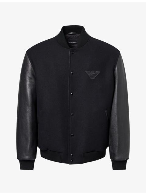 EMPORIO ARMANI Leather-Sleeve Wool Varsity Jacket