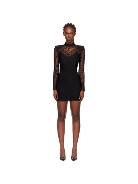 Balmain Black Leopard Pattern Lace Minidress