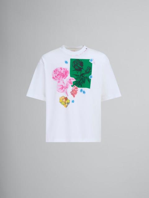 Marni WHITE COTTON T-SHIRT WITH FLOWER PRINTS