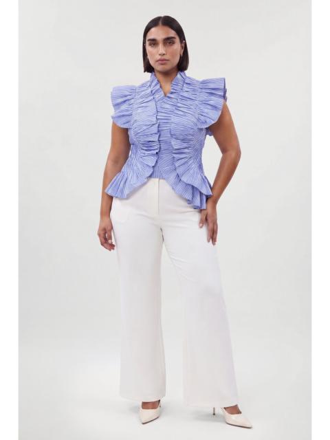 KAREN MILLEN Plus Size Pleated Stripe Ruffle Sleeve Woven Top