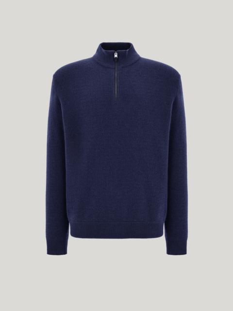 Canali NAVY BLUE WOOL AND CASHMERE ZIPPERED MOCK NECK SWEATER WITH NUBUCK INSERTS