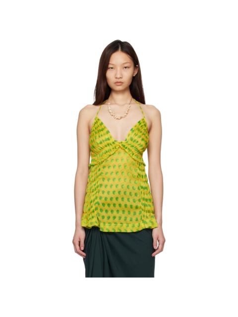 Dries Van Noten Yello & Green Optical Polka Dot Silk Halter Top