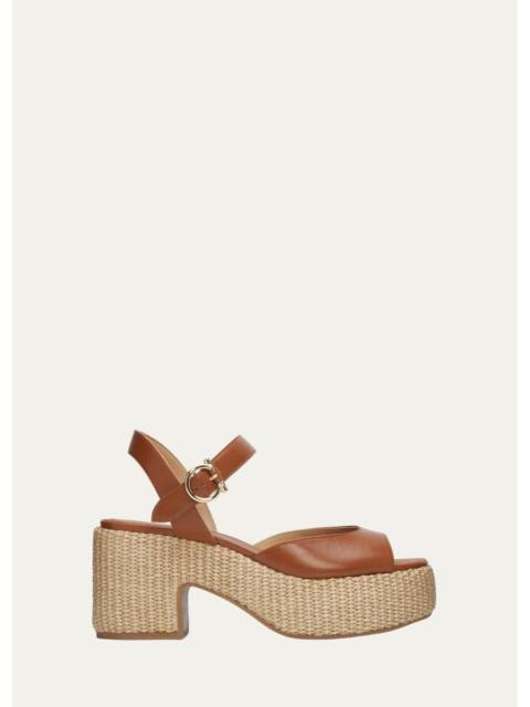 FERRAGAMO 90mm Nerea Raffia Leather Platform Sandals