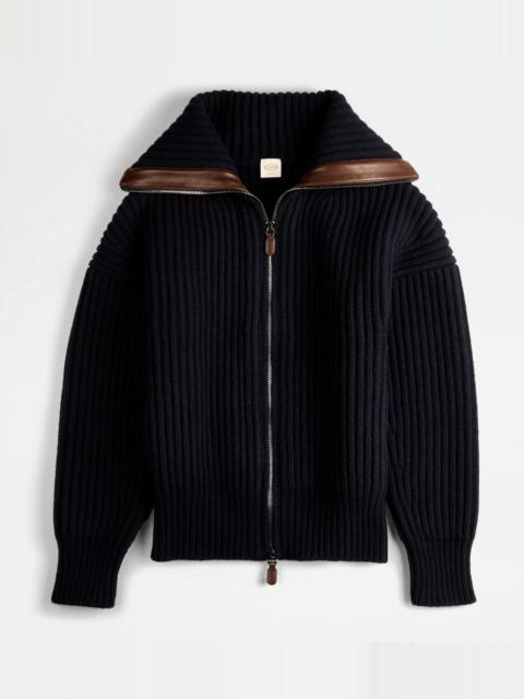 Tod's JACKET IN WOOL WITH LEATHER DETAILING - BLUE