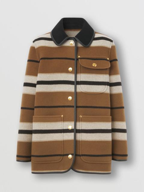 Burberry Lambskin Trim Striped Wool Barn Jacket