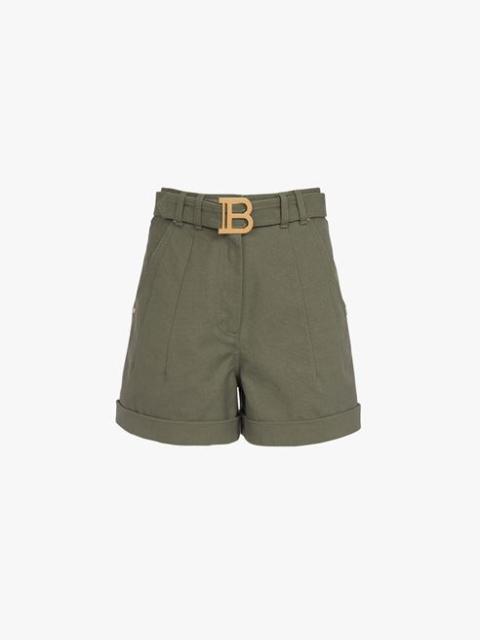 Balmain Khaki denim high-waisted shorts with Balmain buckle