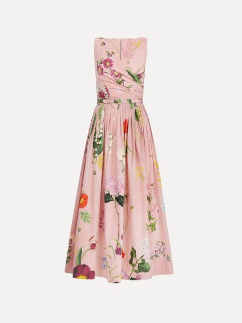 Oscar de la Renta MIXED BOTANICAL COTTON POPLIN DRAPED DRESS