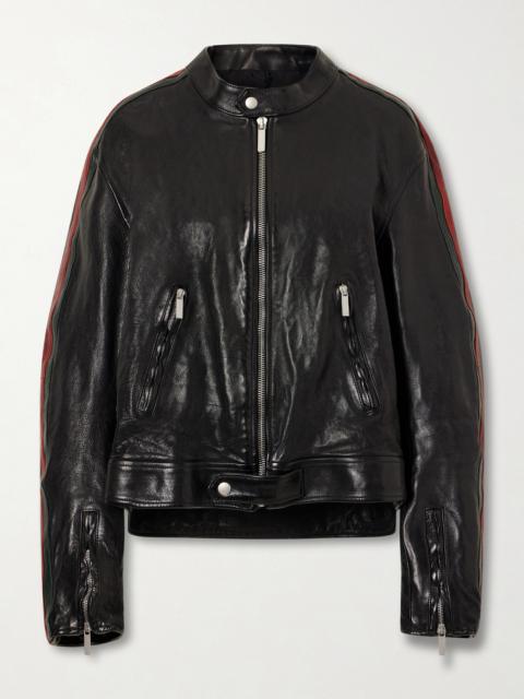 GUCCI Biker Web-trimmed Full-grain Leather Jacket