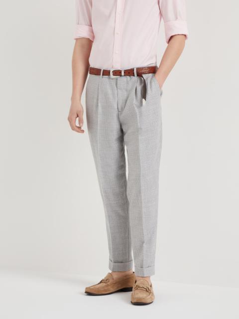 Wool, linen and silk houndstooth leisure fit trousers with pleat