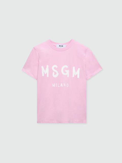 MSGM Pink short-sleeve cotton jersey T-shirt with brushed logo on the front